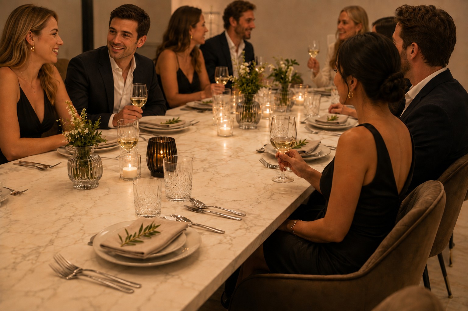 Firmenfeier · Gäste an der langen Tafel bei Kerzenlicht