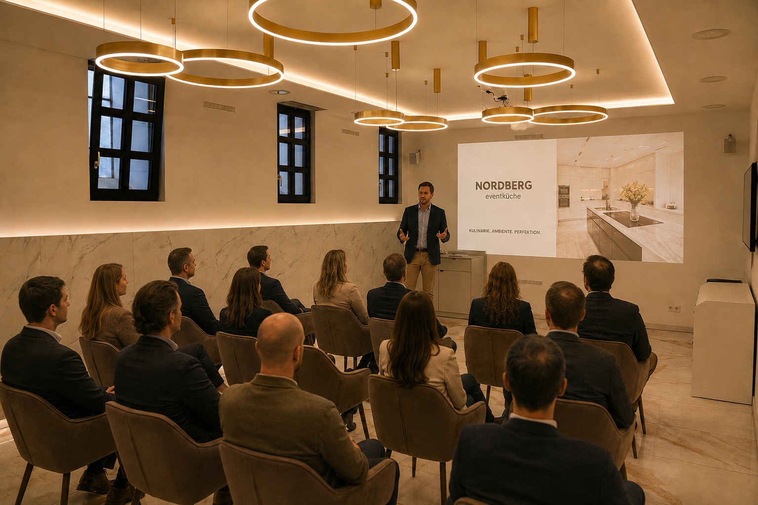 Seminar · Vortrag vor Reihenbestuhlung mit Leinwand