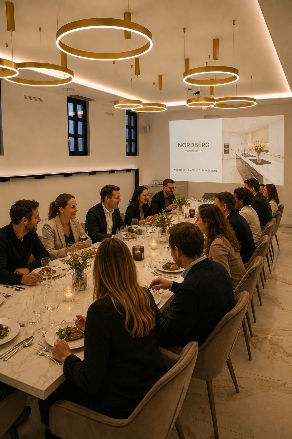 Gäste an der Tafel, Leinwand im Hintergrund