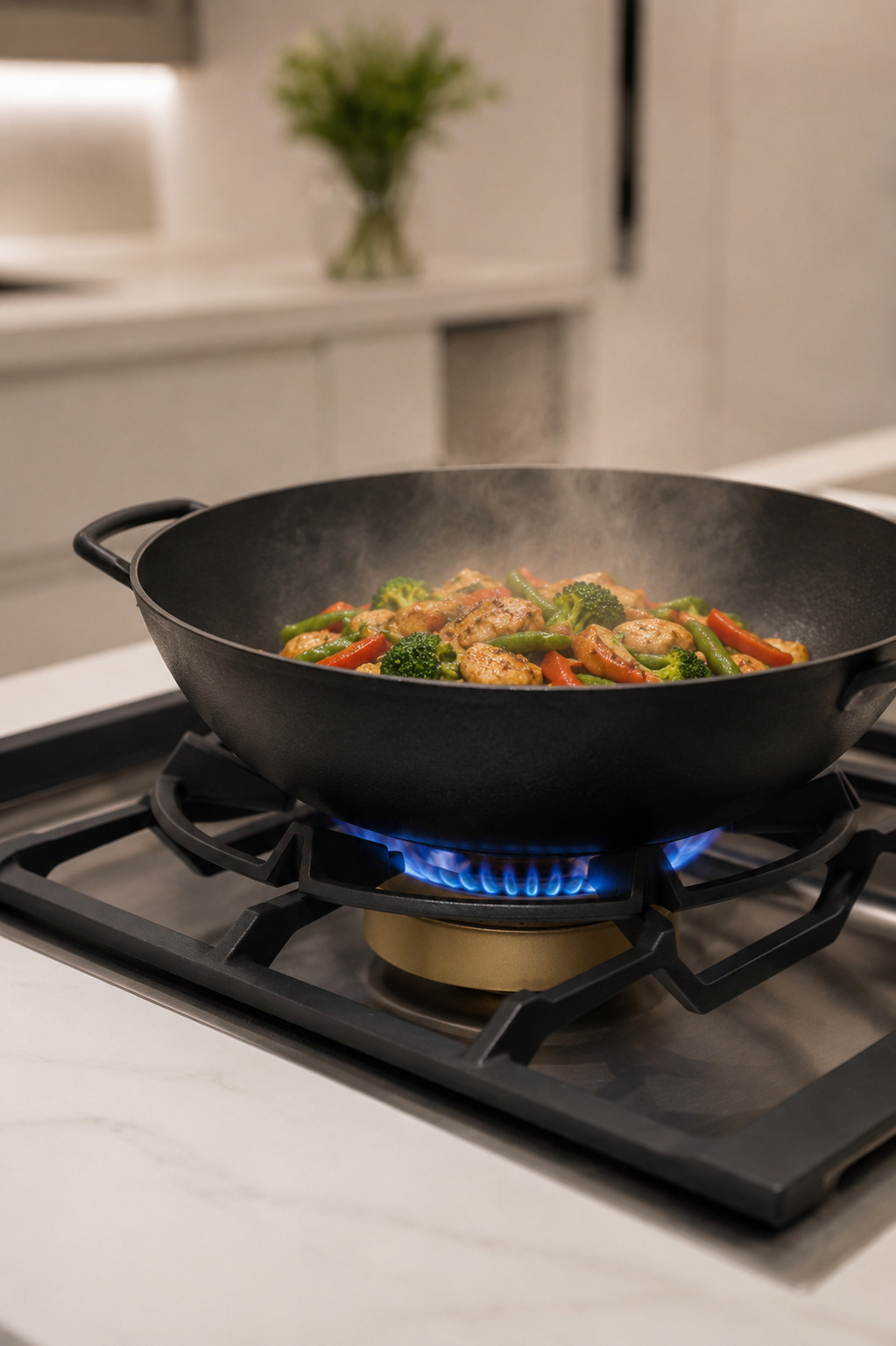 Wok mit Gem&uuml;se in Aktion